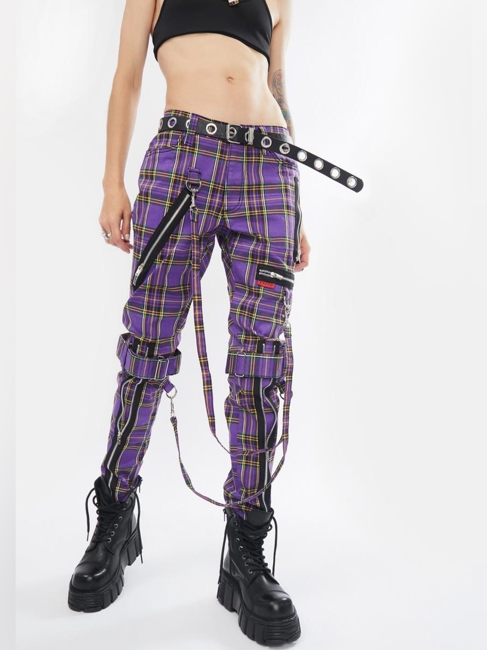 TRIPP NYC Violet Plaid Bondage Pants Skinny Zipper Details Purple Dolls Kill